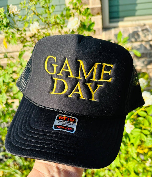 Game Day Embroidered Trucker Hat: Black Hat/Gold Thread