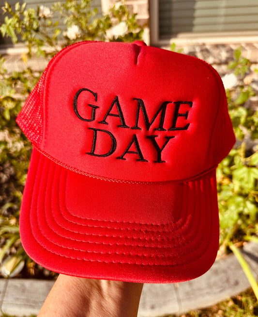 Game Day Embroidered Trucker Hat: Red Hat/Black Thread